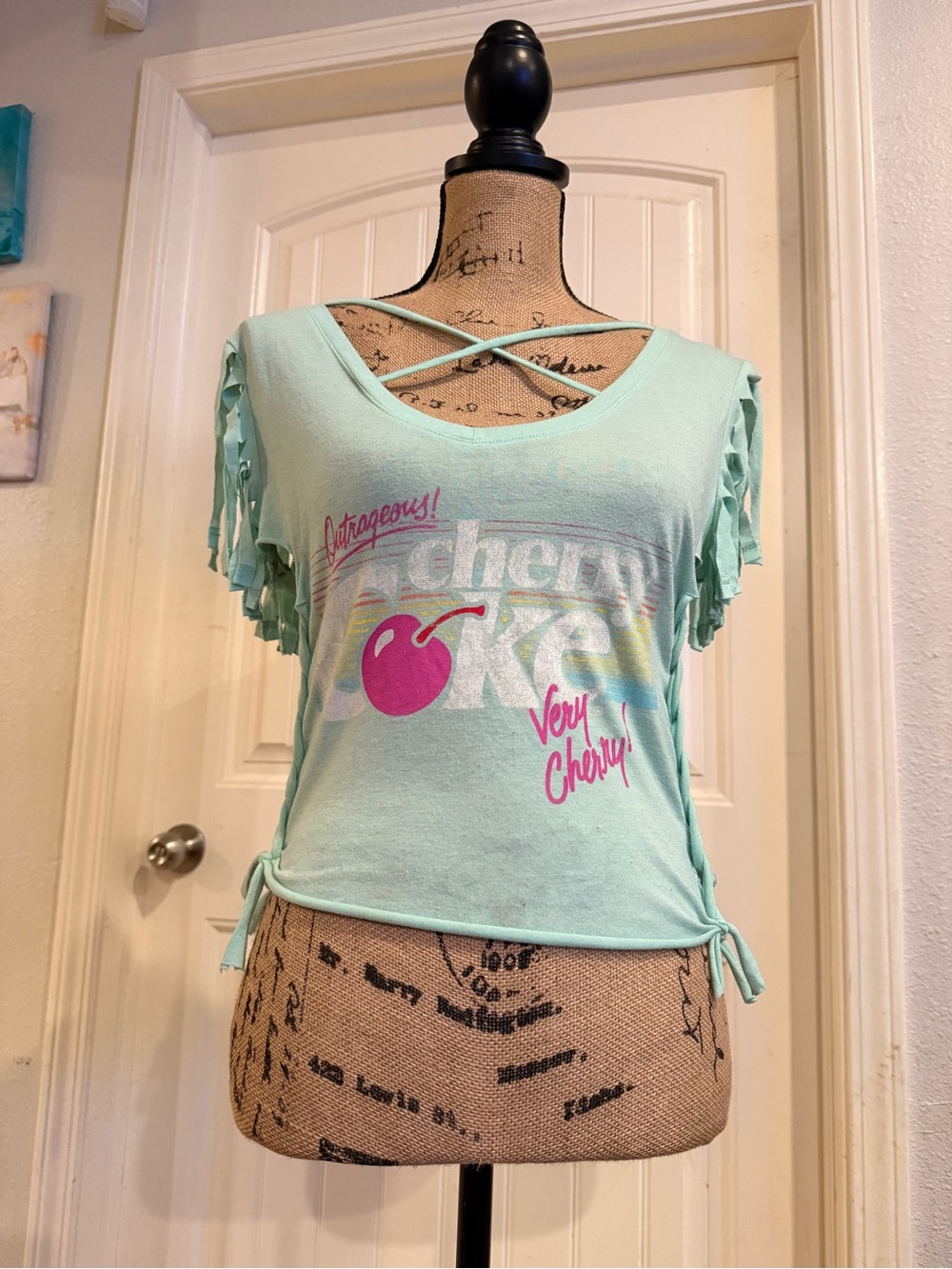 Upcycled Cherry Coke Fringe Cutout Tee – Size Small